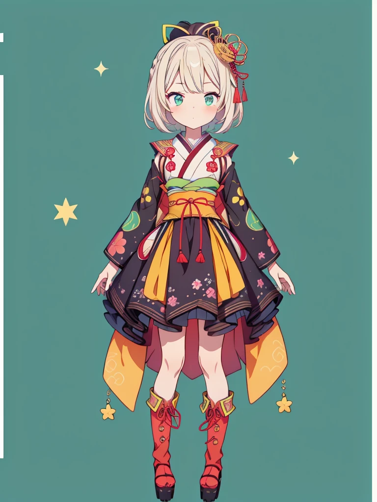 1girl、vtuber-fullbody、Star Fairy、masterpiece、official art、Super detailed、super beautiful、かわいいStar Fairy、white straight short hair、Milky Way、universe、star charm、Star、baby face、Knee-high boots、Japanese pattern dress、浴衣をリメイクした黒と紺色のuniverseを思わせるOiranフリルドレス、Oiran、simple background、green background、no body,