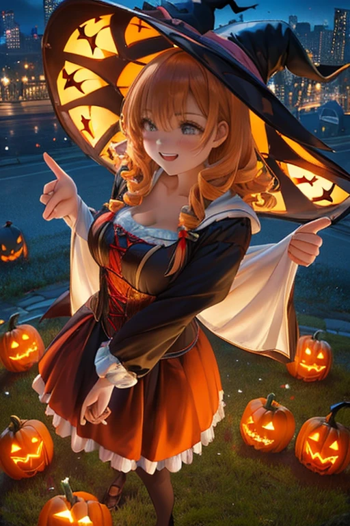 in group photograph, Two Adult Women(Rhizomuse:1.2, Hugging from behind), (2females, pair:1.2), Downtown at night、cozy wallpaper, trick or treat, Halloween, jack-o-lanterns, Basket with lots of candy, ((Highly detailed witch costumes:1.2, robe, Witch's Pointing Hat:1.1)), (Vampire costume:1.2), ((Dark Clight Medium Shorthair:1.25, Upstyle, Wavy Hair)), plein air, on the park, (Blurry background, Bokeh), (in night:1.2), ((Ultra High Resolution, 8k RAW photo, photographrealistic:1.2)), Fine detailed face, Beautiful detailed eyes, Super detailed smooth skin, (Looking away, Laughing, Surprising:1.2), ((SFW:1.25)), (Correct anatomy:1.5), (Dutch Angle, Wide Shot:1.3, From  above),