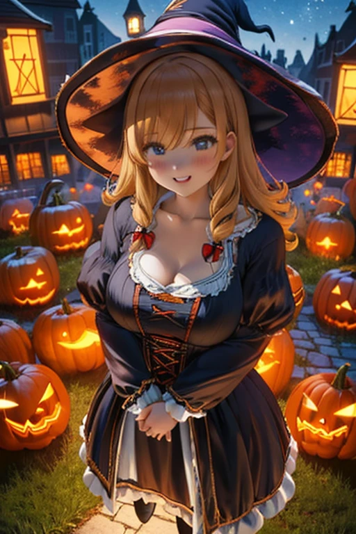 in 8K、Best Quality、Full moon night sky、Neat and clean woman、Brown hair、blue eyess、Orange and black gothic maid outfit、Orange and black mini skirt、Orange knee socks、Orange maid cap、frilld、blushed face、Long wavy hair、beauty legs、Seductive thighs、Colossal tits:1.8、big butts:5.5、big breasts thin waist、cleavage of the breast、Beautiful constriction、cleavage of the breast、shinny skin、Focus on the chest、Naughty breasts、Naughty hips、sexypose、Facing up、Kamimei、Shy smile、low angles、Looking up、Has a jack-o'-lantern、Bats flutter、