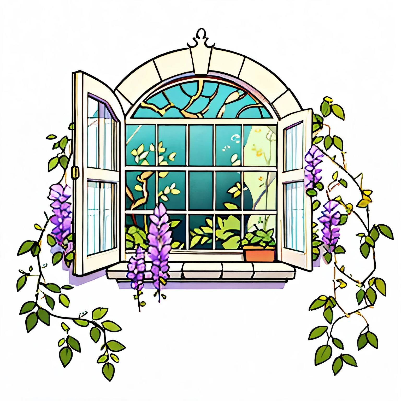 Hand drawn style wisteria vines growing on the window，tabular，celluloid style，no shadow，White background