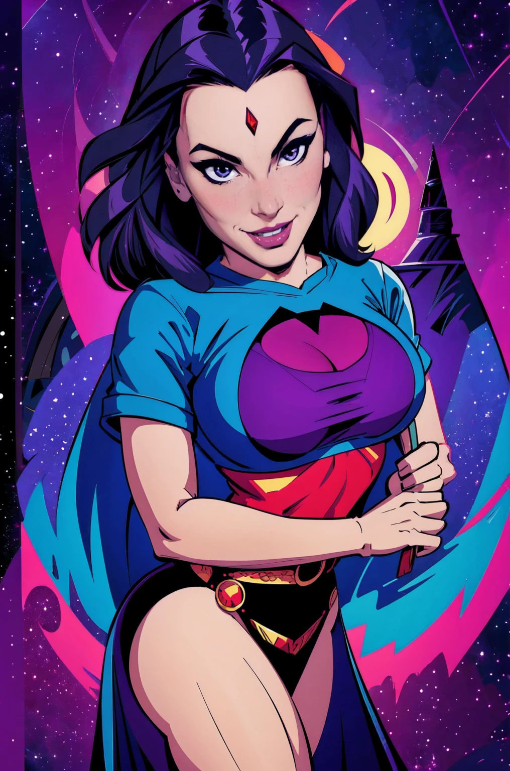 image of a sexy, sensual style enjinight as raven in bright colors realistic retro art style, vector for t-shirt print, dynamic background, universe themed witch style, with raven designs