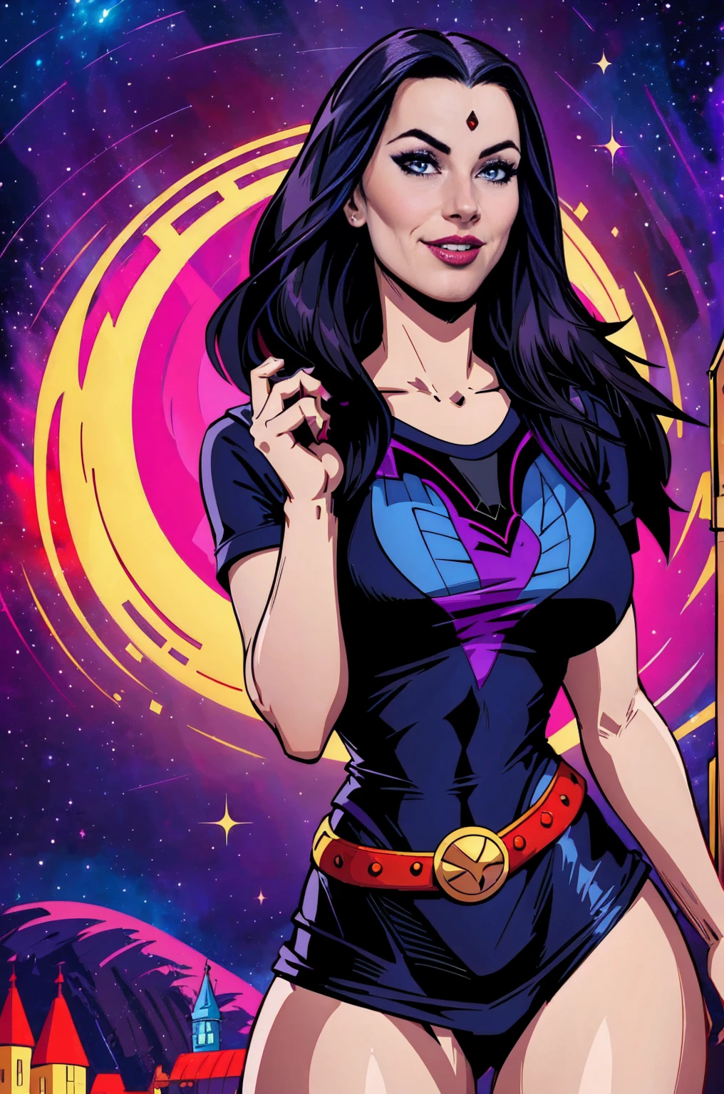 image of a sexy, sensual style enjinight as raven in bright colors realistic retro art style, vector for t-shirt print, dynamic background, universe themed witch style, with raven designs