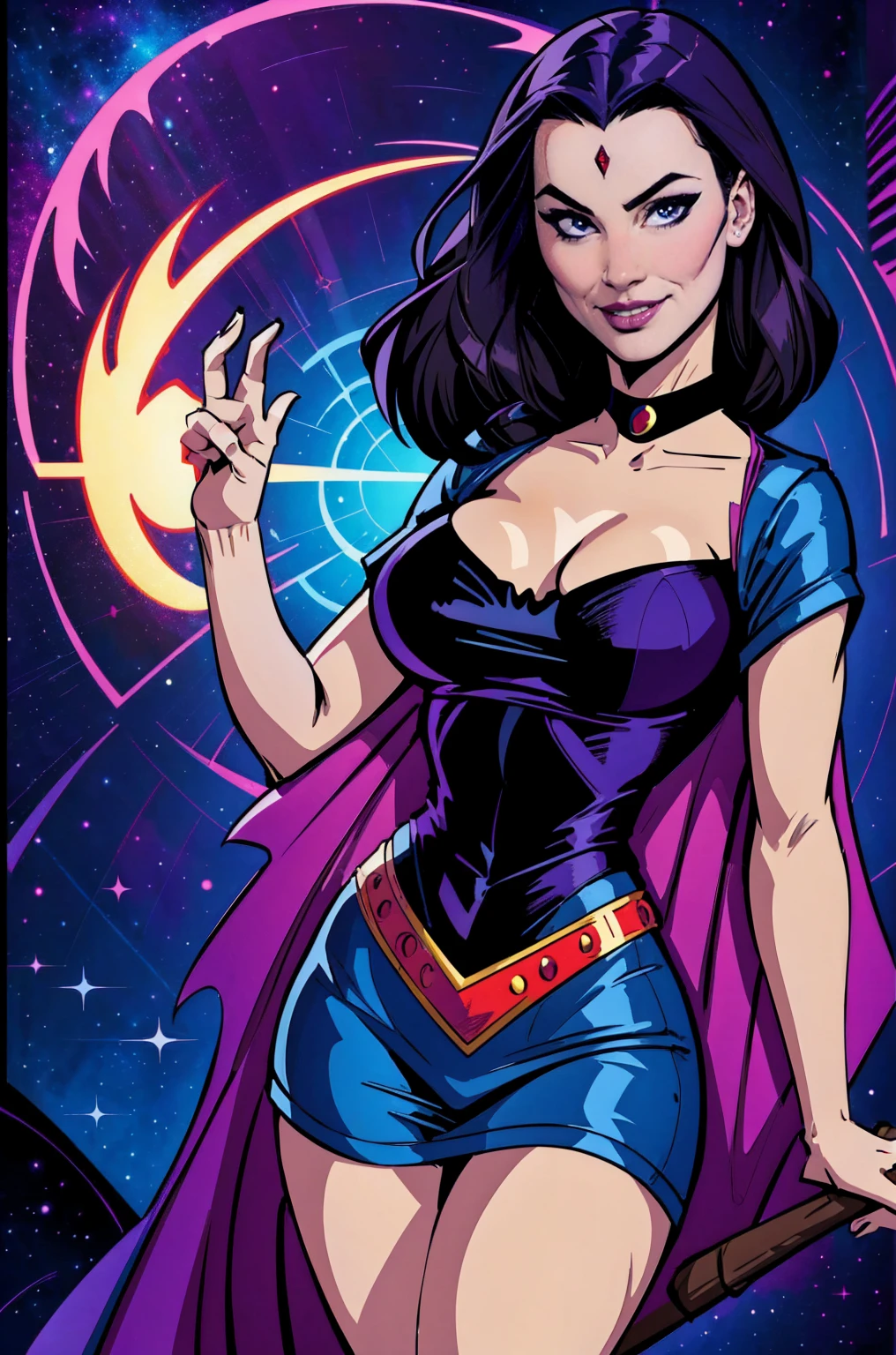 image of a sexy, sensual style enjinight as raven in bright colors realistic retro art style, vector for t-shirt print, dynamic background, universe themed witch style, with raven designs