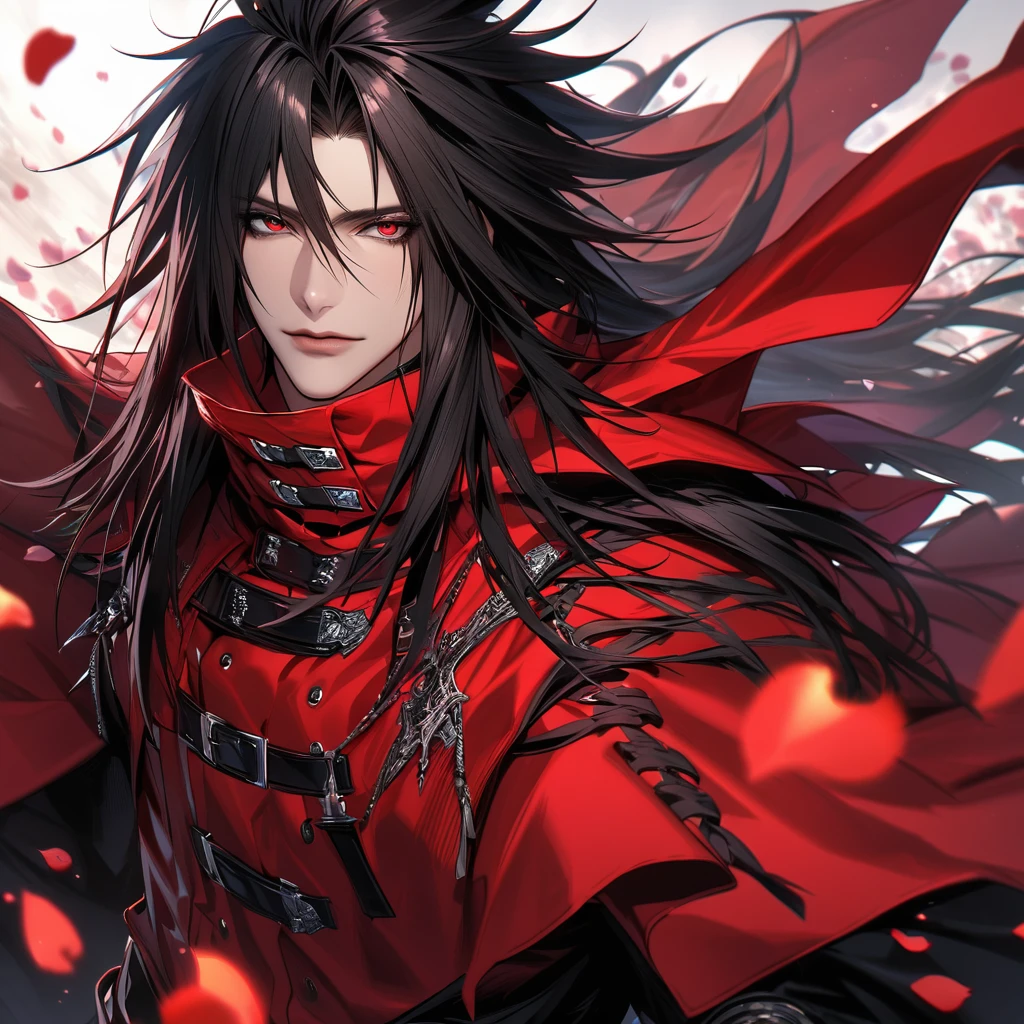 Ultra detailed, Highres, absurdres, HDR, Vincent Valentine, red eyes, black hair, Final Fantasy VII Dirge Of Cerberus, handsome, 1 man only, very detailed face and eyes, flowers and petals