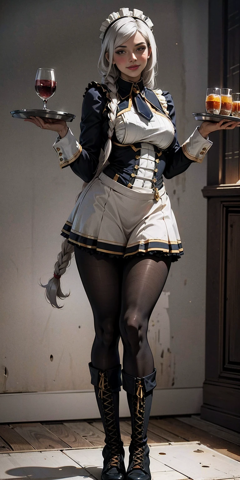 masterpiece full body standing straight symmetrical, lustful smirking smile face red blush red cheeks, looking at viewer, holding a tray, braid, maid headdress, maid, dress, apron, long sleeves, brown pantyhose, long leather militar boots, thighs, long white hair