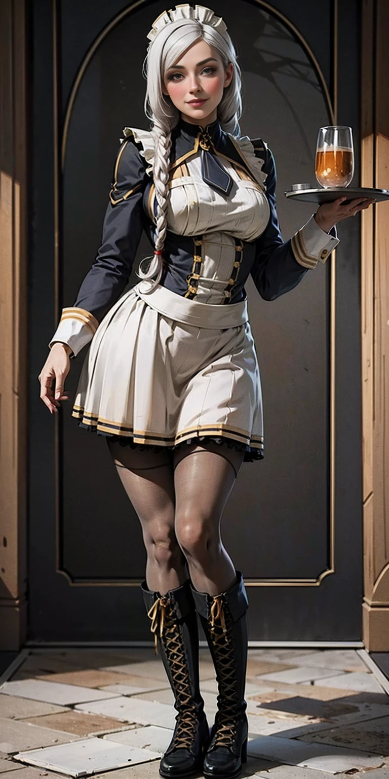 masterpiece full body standing straight symmetrical, lustful smirking smile face red blush red cheeks, looking at viewer, holding a tray, braid, maid headdress, maid, dress, apron, long sleeves, brown pantyhose, long leather militar boots, thighs, long white hair