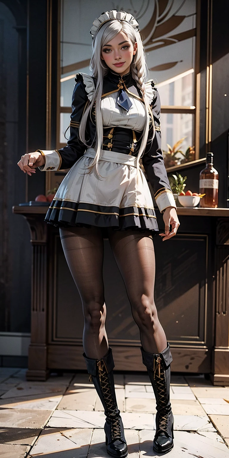 masterpiece full body standing straight symmetrical, lustful smirking smile face red blush red cheeks, looking at viewer, holding a tray, braid, maid headdress, maid, dress, apron, long sleeves, brown pantyhose, long leather militar boots, thighs, long white hair