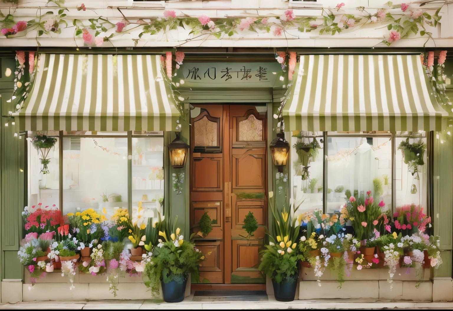 The windowsills outside the shop are filled with flowers, Flower shop scene, pavement, storefronts, Awnings, 屡获殊荣的storefront设计, elegant flowers, storefront, showcase, Shanzhai Core!!, floral decorations, flowers bloom, Flowers and blooms, Colorful flowers and plants, Flower environment, Decorate with flowers, There are flowers and plants