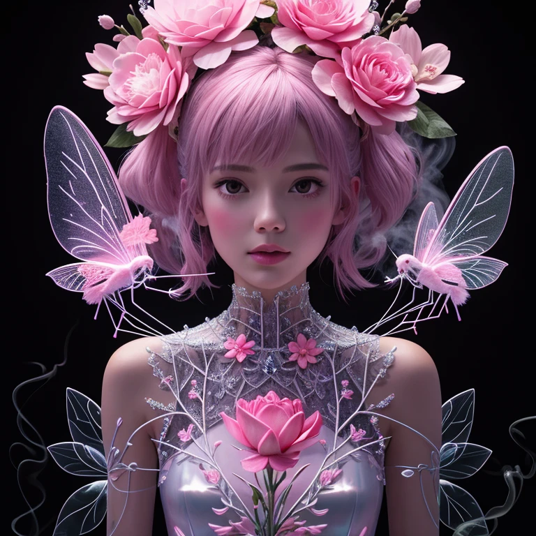 close-up of a portrait of a beautiful transparent ((fluorescent fairy)), misty, made of crystal, red and pink, skeleton, aesthetics of horror, ((flowers in smoke)), black haze, clear drawing of details, the thinnest transparent invisible silk, thin shoulders, pink pattern, body art, transparency, dark vegetation, digital art, intricate details, elegance, mysticism, surrealism, realistic, overly detailed, blurred background, small sparks.A dude from Canada