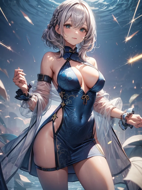 highest quality、All limbs、full finger、light silber hair woman、wavy hair woman、beautiful biggest breasted woman、Slender beauty、1 female、(((A woman wearing a transparent sparking blue short cheongsam dress:1.3))), golden pattern cheongsam、(((woman wearing transparent sparking brown pantyhose)))、wet skin,sad smile、hands on hips
