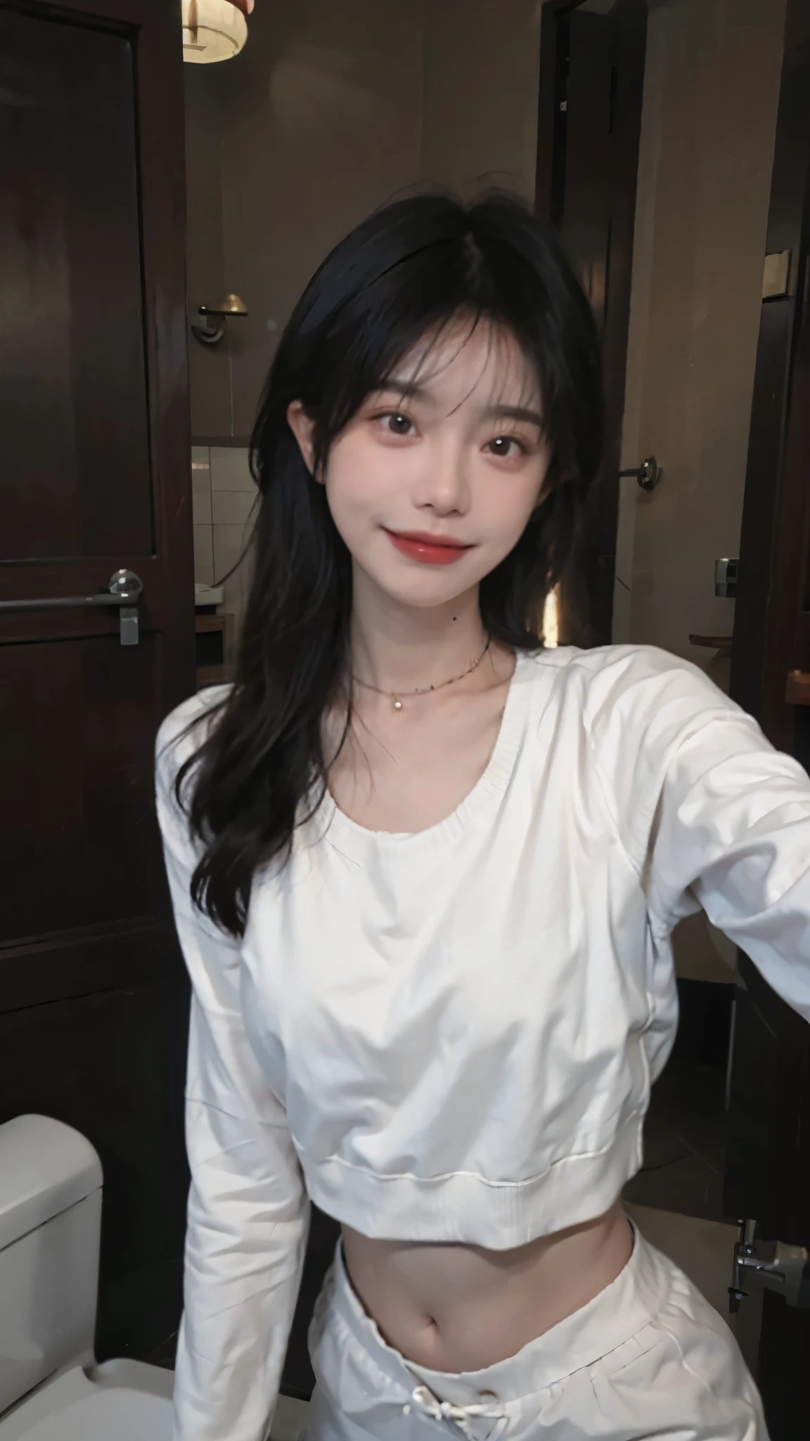 best qualtiy, ultra high resolution, (realisticlying:1.4),cute hairpin,Baoyu Girl,lipsticks,1girll, ,Cropped red sweater,,Beautiful woman with a slim figure:1.4, Abs:1.1, bathroom,Ultra-fine face,Elaborate Eyes,double eyelid,ssmile,choker necklace