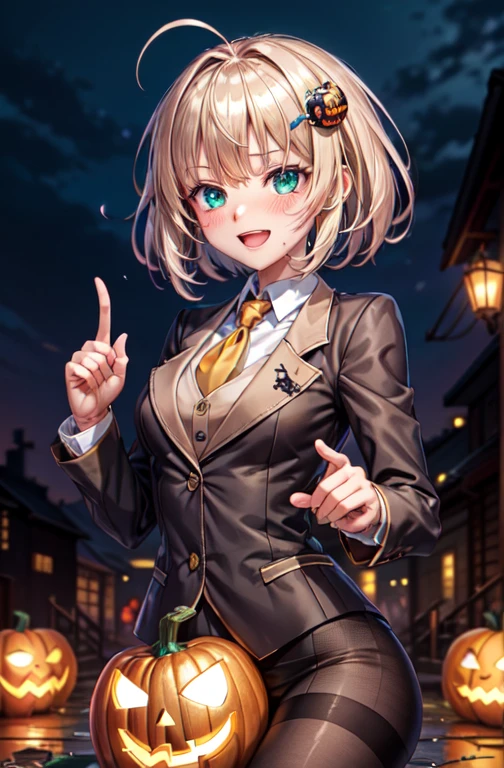 woman,,,city,night,(((Beige blazer school uniform))),open mouth smile, ((There are two stray hairs sticking out.)), ((baby girl body shape)), 1 girl, Artoria Pendragon,destiny,aphrodisiac,Lie,Things to know,full of sweat,Wet Area, Areol, defenseless,embarrassing,please be shy,Knead the milk,Emphasis on milk,Len,breast milk, Knight King,Noble,ring,既婚woman, Pointing straight up, (highest quality:1.1), (masterpiece:1.4), (absurd:1.0), Portrait, Close-up, 1 girl、Momoberia Deviluke、hair ornaments、Beautiful bob cut、beautiful short hair、emerald blue eyeedium chest、looking at the viewer、(blush:1.2)、embarrassed look、Mesh pantyhose、black background、long gloves、((Pumpkin lantern, ジンジャークッキーのhair ornaments)), Striped pattern, ((Has a troubled look)), ((cat pose)),