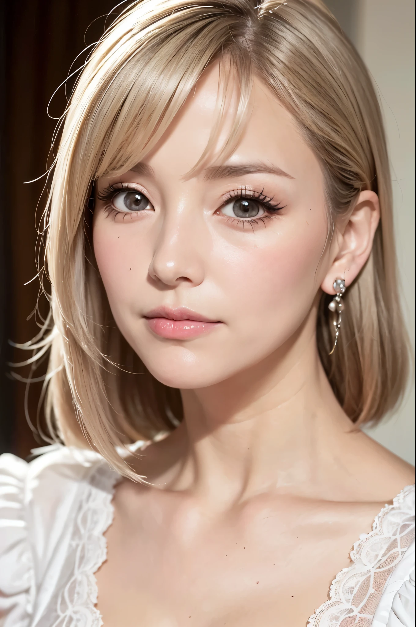 (masutepiece:1.2), High Definition, High quality,(60-year-old woman:1.3)、(Wrinkles on the face:1.2)、Beautie、sexy maid, Sweet Lolita, Puffy sleeves,Big breasts，white  hair, layered hair cut, with bangs and loop earrings, sweetest face, fleshy lips