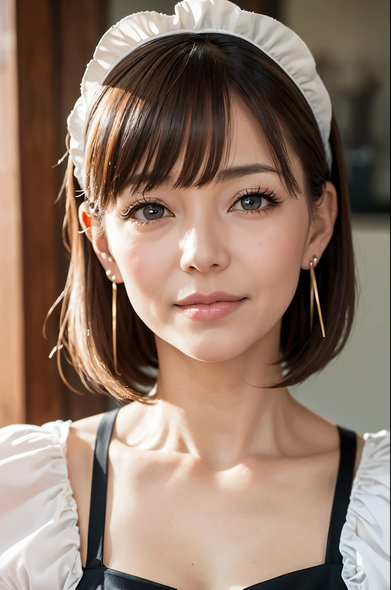 (masutepiece:1.2), High Definition, High quality,(60-year-old woman:1.3)、(Wrinkles on the face:1.2)、Beautie、sexy maid, Sweet Lolita, Puffy sleeves,Big breasts，white  hair, layered hair cut, with bangs and loop earrings, sweetest face, fleshy lips