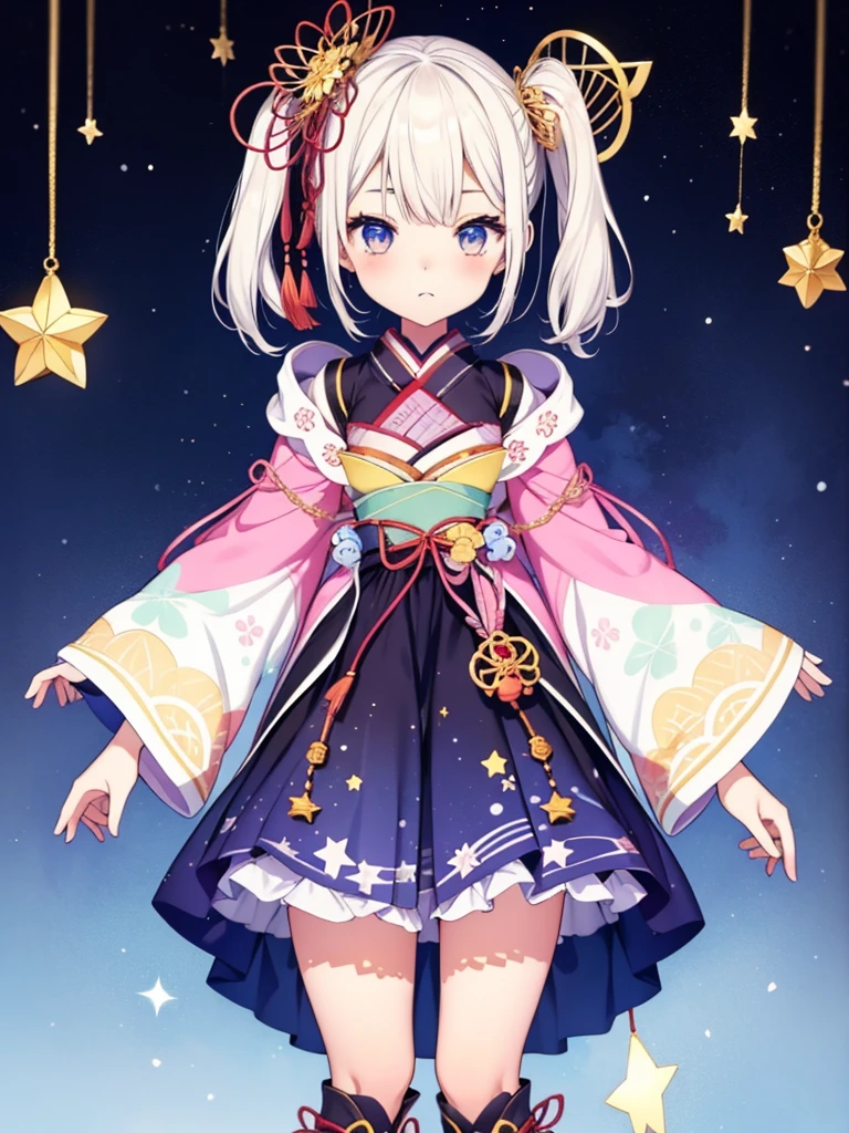 1girl、vtuber-fullbody、Star Fairy、masterpiece、official art、Super detailed、super beautiful、かわいいStar Fairy、white straight short hair、Milky Way、universe、star charm、Star、baby face、Knee-high boots、Japanese pattern dress、A beautiful girl wearing black and white clothes that are a remake of a yukata.、universeを思わせるOiranフリルドレス、Oiran