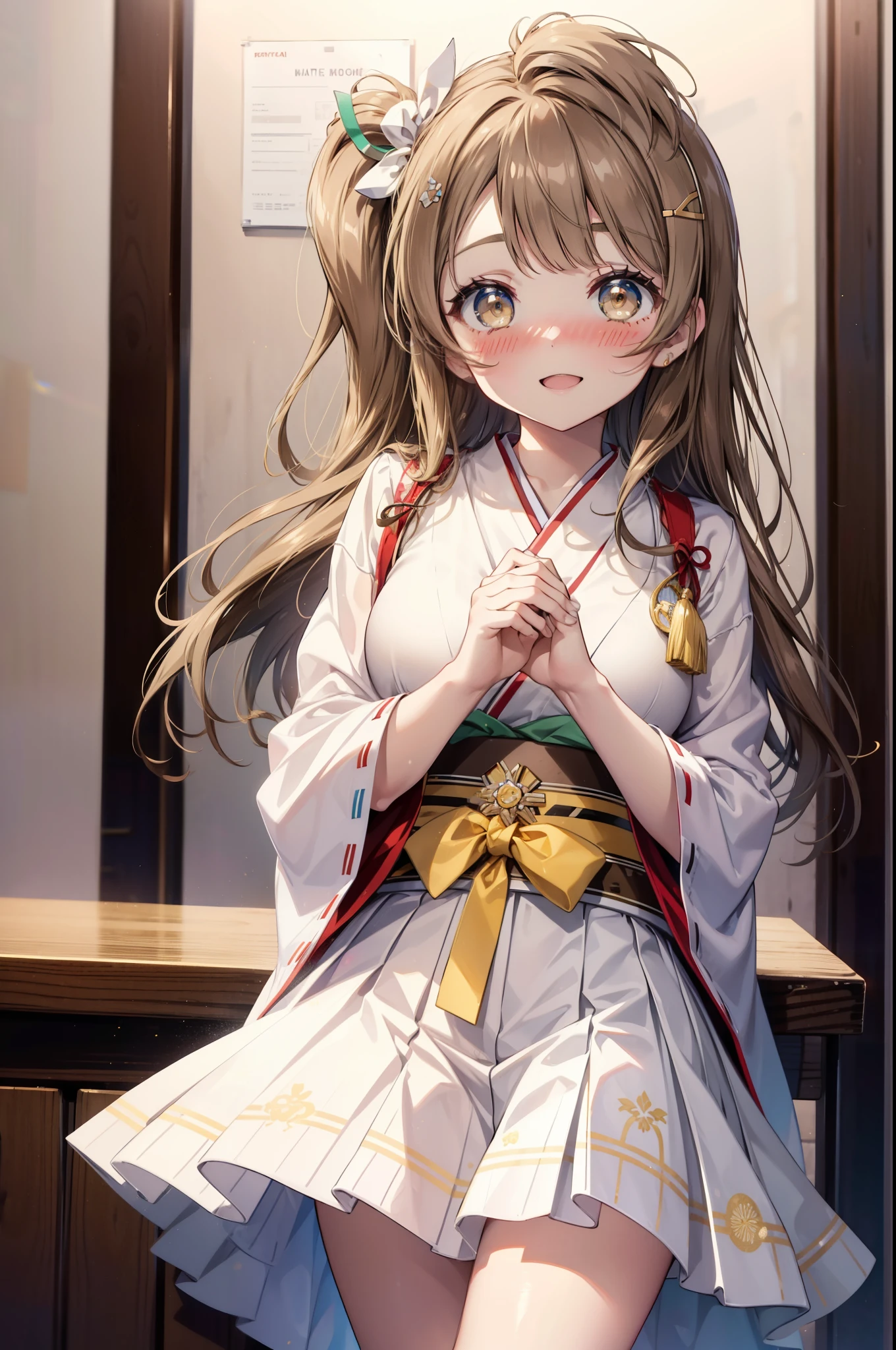 Kotori Minami, Kotori Minami, brown hair, (brown eyes:1.5), one side up, hair ribbon, ribbon, long hair,happy smile, smile, open your mouth,blush,White idol-style kimono,long furisode,White mini hakama,White tights,Zori sandals,tray, tray in one hand,A beautiful waitress with long hair comes to the table to take our order,So that the whole body goes into the illustration,
break looking at viewer, (cowboy shot:1. 5)
break indoors, Coffee shop, 
break (masterpiece:1.2), highest quality, High resolution, unity 8k wallpaper, (figure:0.8), (detailed and beautiful eyes:1.6), highly detailed face, perfect lighting, Very detailed CG, (perfect hands, perfect anatomy),