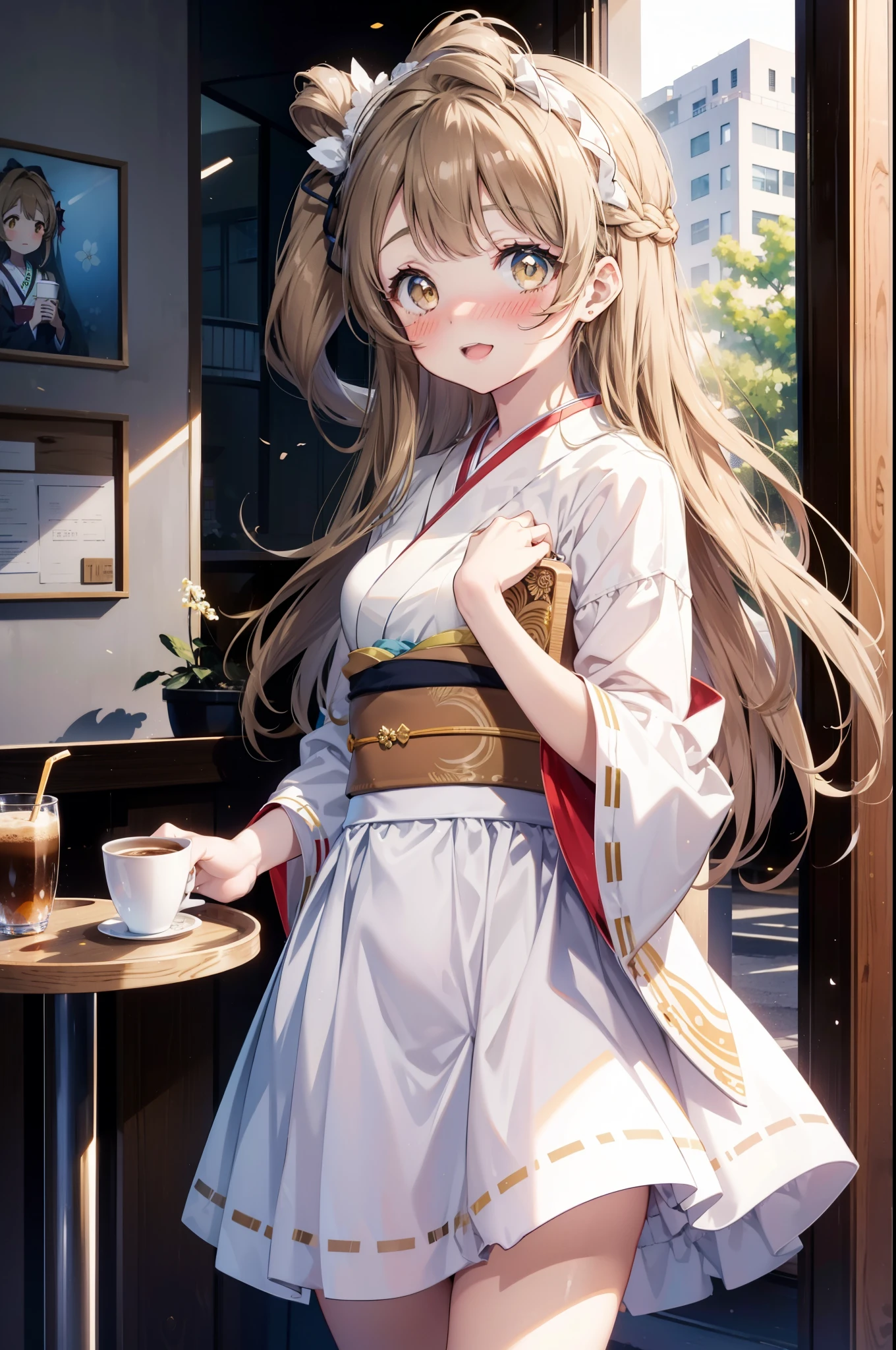 Kotori Minami, Kotori Minami, brown hair, (brown eyes:1.5), one side up, hair ribbon, ribbon, long hair,happy smile, smile, open your mouth,blush,White idol-style kimono,long furisode,White mini hakama,White tights,Zori sandals,tray, tray in one hand,A beautiful waitress with long hair comes to the table to take our order,So that the whole body goes into the illustration,
break looking at viewer, (cowboy shot:1. 5)
break indoors, Coffee shop, 
break (masterpiece:1.2), highest quality, High resolution, unity 8k wallpaper, (figure:0.8), (detailed and beautiful eyes:1.6), highly detailed face, perfect lighting, Very detailed CG, (perfect hands, perfect anatomy),