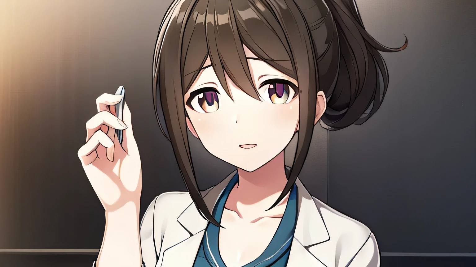 Satou_Hazumi, black hair, orange eyes, herrscher of possibilities, standing, medium breast, retail, outlet, pharmacy, white pharmacist lab coat, visual novel cg style, BREAK looking at viewer, BREAK (masterpiece:1.2), best quality, high resolution, unity' 8k wallpaper, (illustration:0.8), (beautiful detailed eyes:1.6), extremely detailed face, perfect lighting, extremely detailed CG, (perfect hands, perfect anatomy)