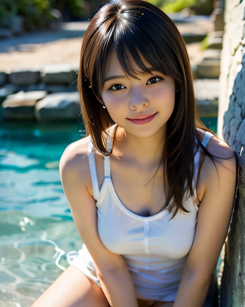 NSFW,highest quality,excellent details,ultra high resolution,Cute Japanese girl with perfect style,smile,light brown hair,Highly detailed face and skin texture,double eyelid,white skin,sit,Tank top,No panties,Full view of pussy,raise one leg,tropical sandy beach,Illuminate the face,sunlight,illuminate the face