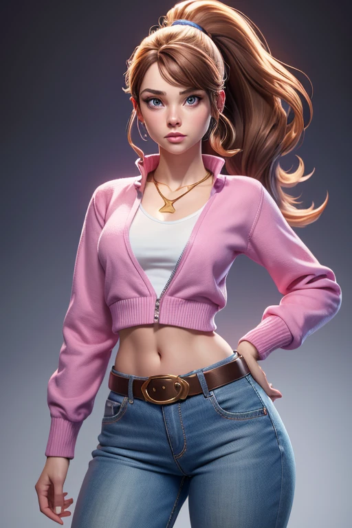 Kitty Pryde with a dark brown ponytail hair, big blue eyes, very small breasts, belt, cotton cream top and open pink cotton sweater jacket on top!, gold necklace, low-rise blue denim pants, slim body, covered navel, cropped legs, cotton, front view!, white background, realistic colors, front view, light coming from the right, 8K image quality, Masterpiece