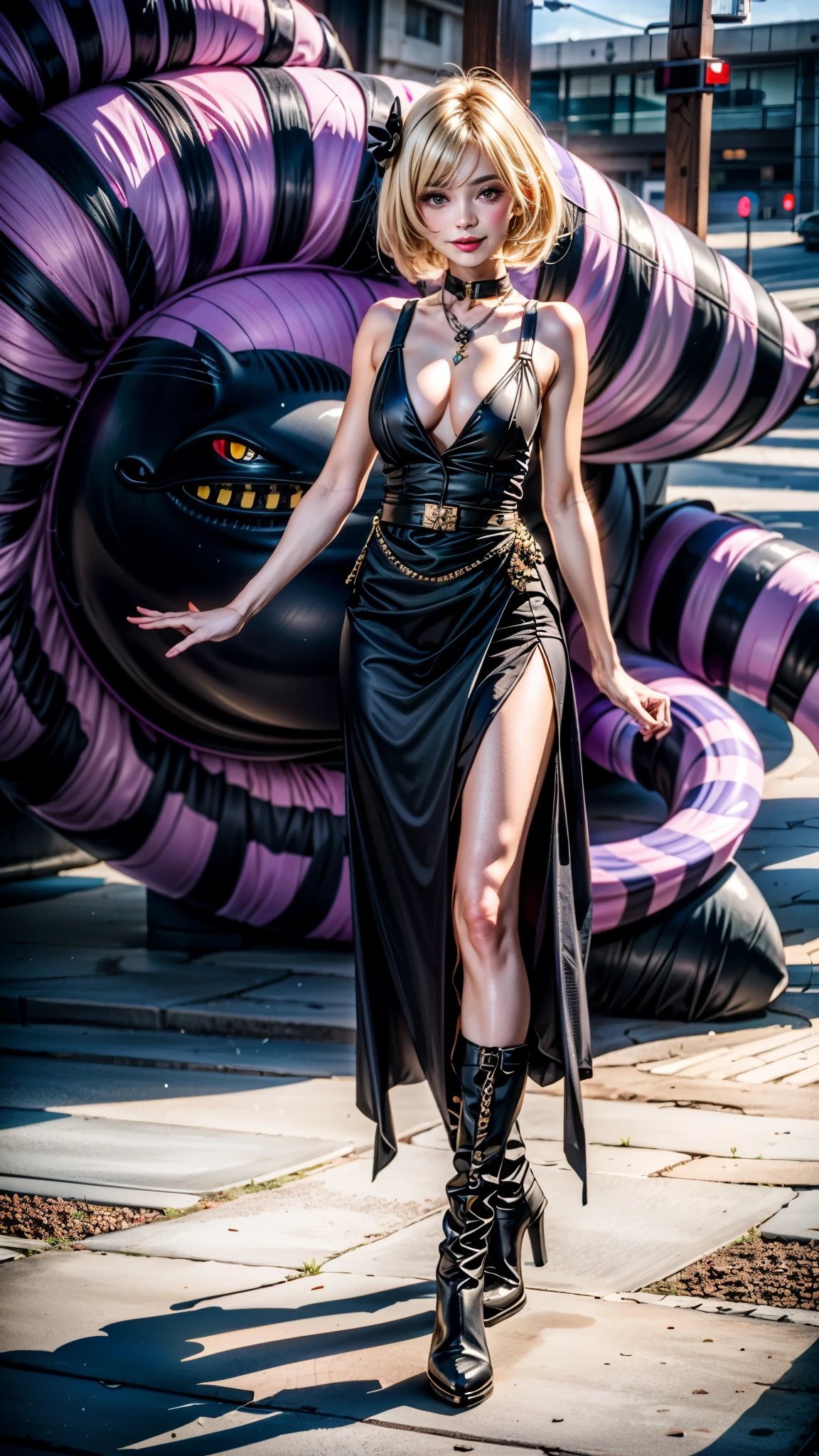 (1 woman only), (CG Unity), (ultra-detailed), (best illustration), (best shadows), (16K), (Ultra high quality), (masterpiece: 1.5), (photorealism: 1.5), (3D render), (volumetric_light), (anime style),(subsurface_scattering_effect:1.2), (bloom_shader_effect:1.2),(perfect_anime_eyes), (detailed_pupils), (better_hands), (perfect_hands), (delicate_hands), (perfect_fingers), (better_fingers), (delicate_fingers), (((blonde hair))), (dark blue dress, black boots), Gothic Style Alice in Wonderland, ((breasts:1.1)),((long stylized legs:1.1)),((waist:0.9)),((hips.1.1)), ((luscious lips)), sexy smile, sexy gaze, (arms behind:1.2), leaning forward, ((full body shot:1.3)), (((cheshire cat in the background)))