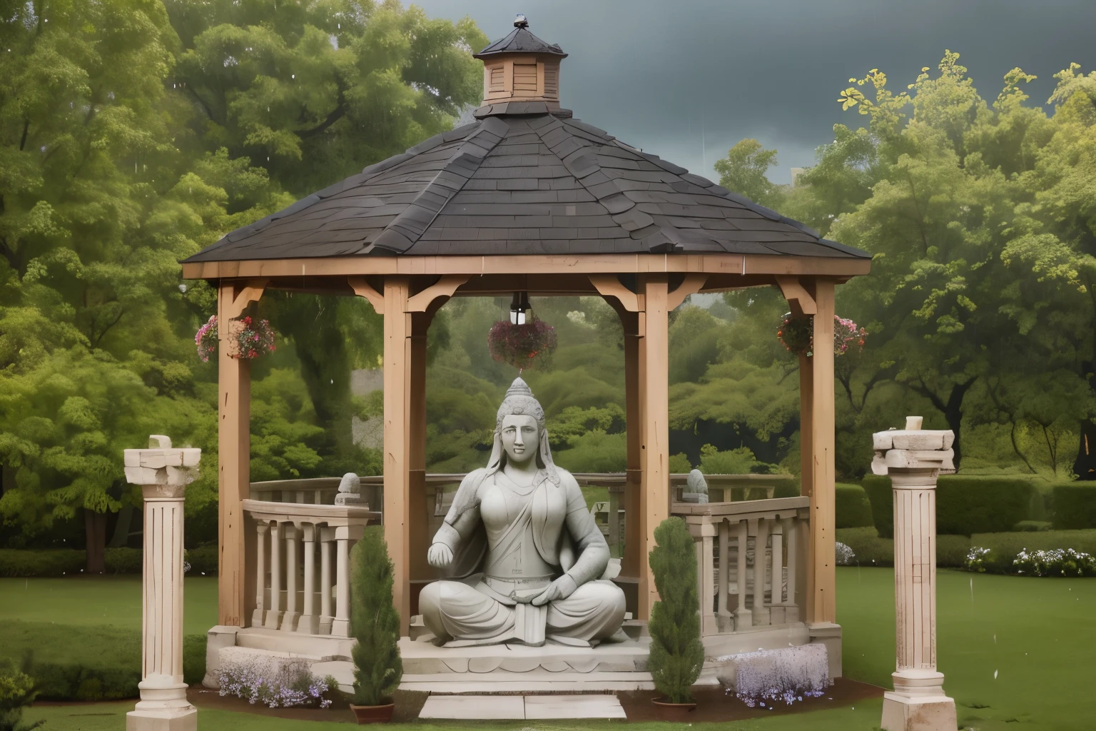 an outdoor cozy gazebo at a rainy cloudy day, two roman pillars with candle, a shiva statue in the center (do it detailed) in a cozy rainy day ( do it better, more detailed objects)