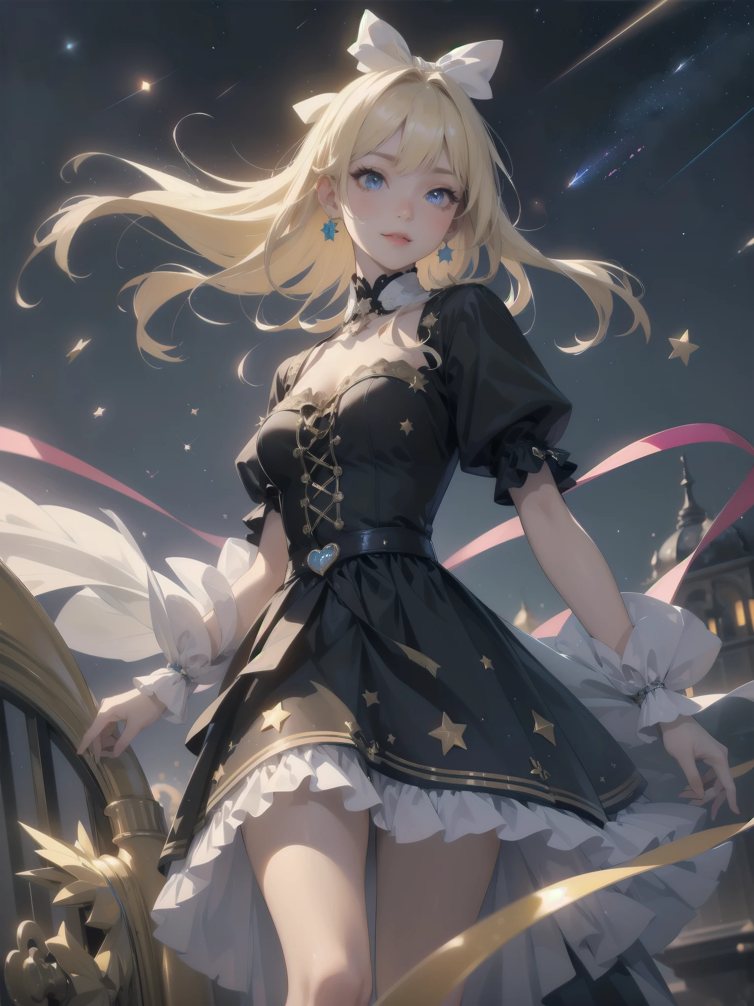 absurdres extremely detailed CG,high resolution,(best quality:1.3),(best masterpiece:1.3),super fine illustration,vibrant colors,official art,8k wallpaper,(looking away:1.3),dynamic depiction,dynamic angle,dynamic pose,depth of field,cinematic lighting,BREAK,(one beautiful girl:1.3),solo,blonde hair,very long hair,shiny hair,Silky hair,yellow eyes,deep detailed eyes,cute eyes,sparkling eyes,(seductive smile:1.3),natural make,BRAKE,((wonderland)),Gothic decoration,((sticker style)),(heart item,star item,ribbon:1.5),(symbolic:1.2), conspicuous,(star glitter and hart glitter:1.5),(kawaii town at night:1.5),(big clock tower:1.2),(Meteor shower,star and hart effect:1.3),