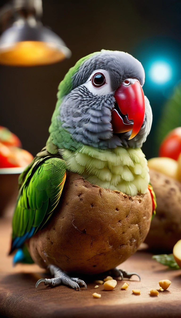 Foodpets Very cute and attractive anthropomorphic potato parrot, looking at the audience, Macro, movie lighting, fantasy art, dynamic composition, epic reality, Award-winning illustrations