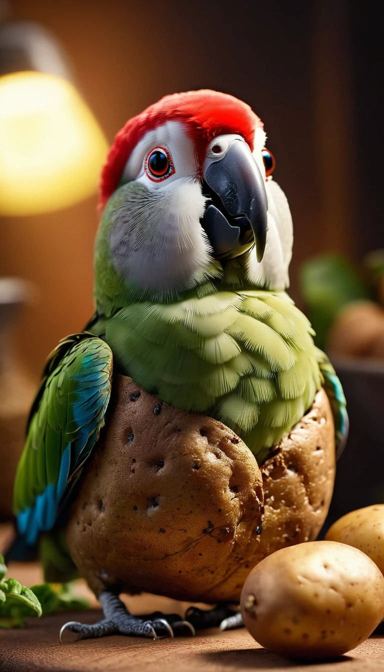 Foodpets Very cute and attractive anthropomorphic potato parrot, looking at the audience, Macro, movie lighting, fantasy art, dynamic composition, epic reality, Award-winning illustrations