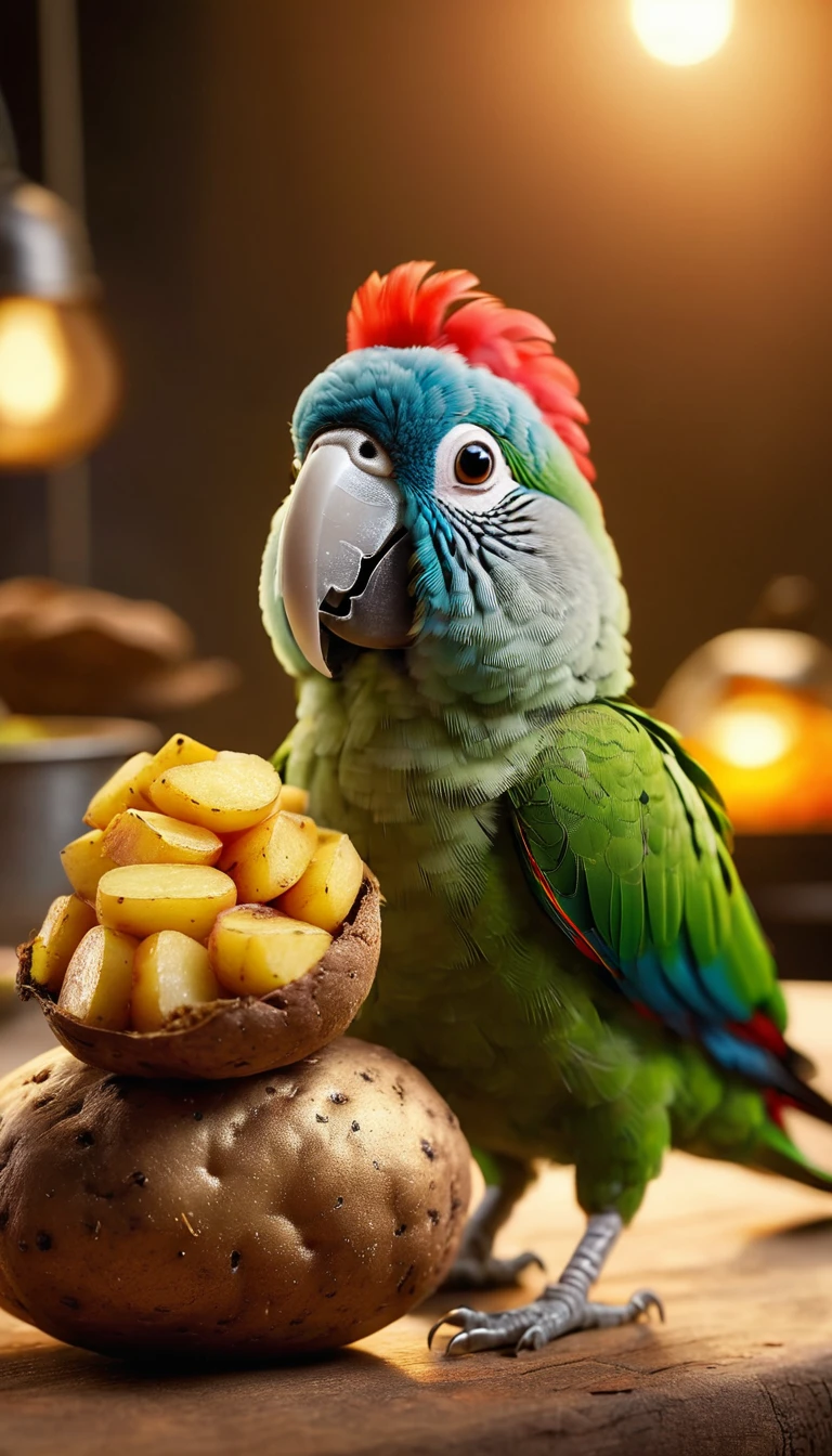 Foodpets Very cute and attractive anthropomorphic potato parrot, looking at the audience, Macro, movie lighting, fantasy art, dynamic composition, epic reality, Award-winning illustrations