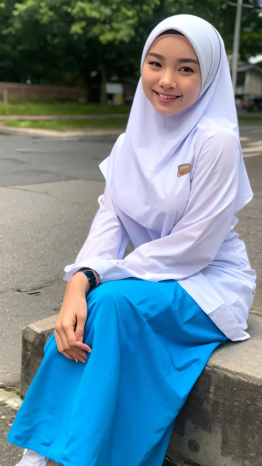 1 girl, (white dress), wearing hijab, ((blue skirt)), long sleeve, (), tiny, babyfaceful, very pretty, blushing, flawless, best quality, masterpiece, ultra high resolution, (photo realistic:1.4), raw photo, (large breasts,full body:1.2), look at camera, smile, (chruch background), elegant, japanese, soft cloth, satin fabric, sit on the road,