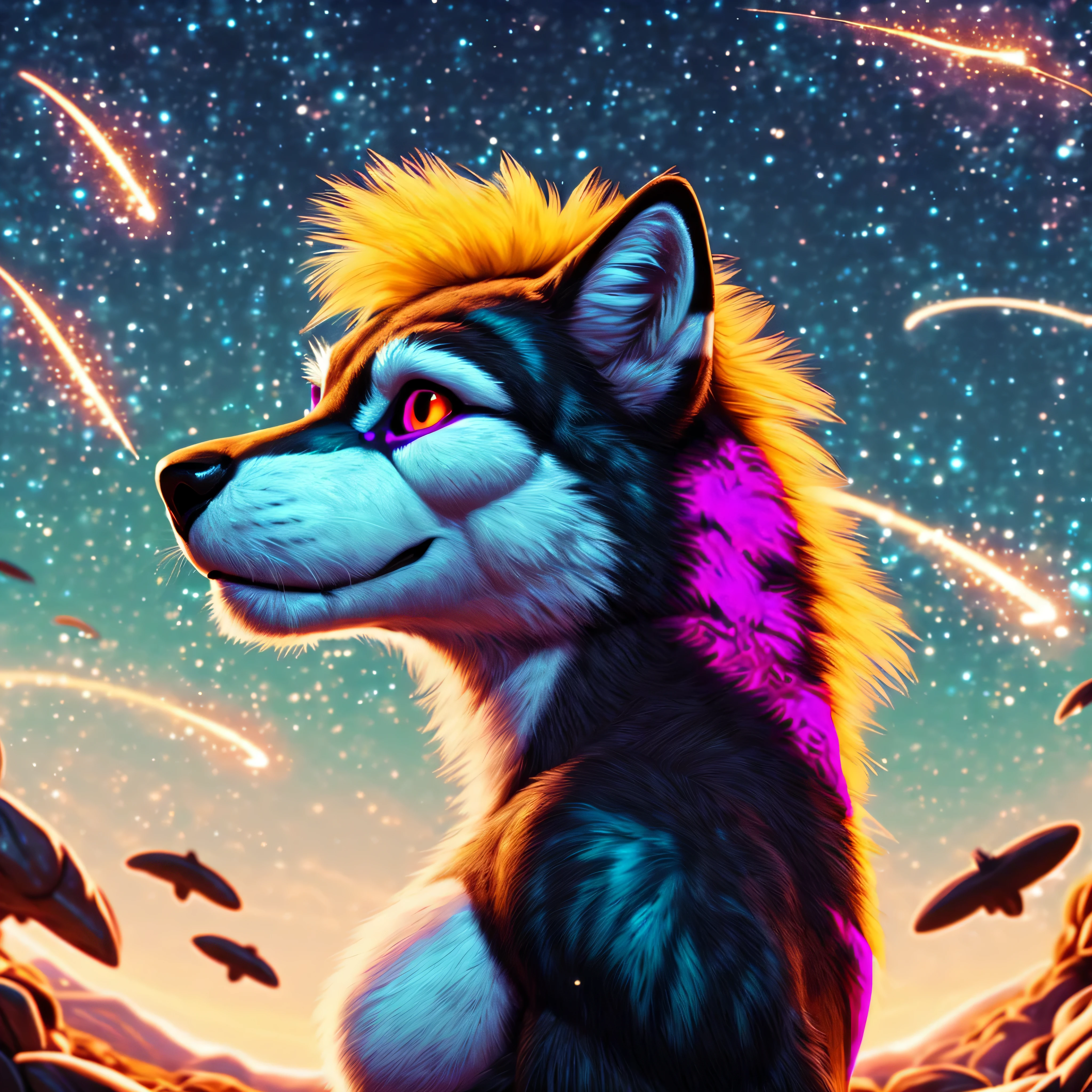 uploaded on e621, (by purplelemons, by kiyosan, by prsmrti, by hioshiru),
(solo, female, silver fox, whiskers), (long hair, teal hair), (long tail, fluffy tail), (black sclera:1.3), (red eyes, glowing eyes), ((small breasts)), (muscular:1.3), white fur, (side view), (looking up:2), (breath cloud:1.1),
BREAK,
((starry dark sky with galaxies)), ((blue moon)), ((the forest illuminated by the night moonlight)), ((fireflies around the character)),
broken glass effect, iridescent and luminescent scales, breathtaking beauty, pure perfection, divine presence, volumetric light, rays, vivid colors reflects, absurd res, rich deep colors, masterpiece, (sharp focus:1.5), energy, light aura,