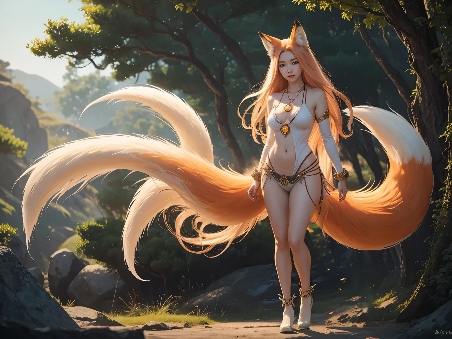 A beautiful 22-year-old kumiho (a 9-tailed fox), athletic, perk. She also wears a mystical necklace with a gemstone pendant that radiates her magical powers. Full body shot from distance in landscape.