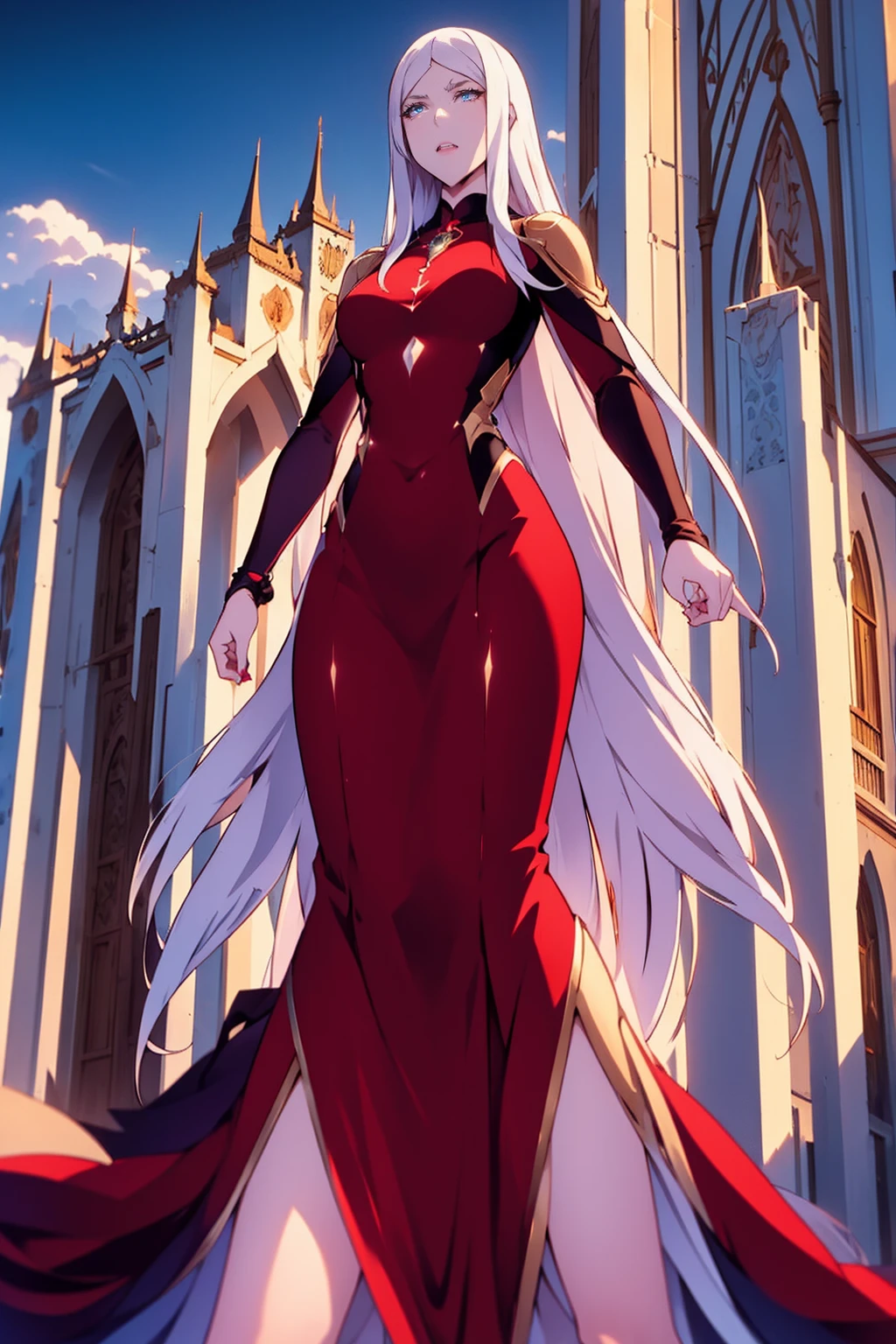 (Absurd, high quality, ultra -compared, careful with the hand) Carmilla,outside, high quality,4k, red long dress, upper body, looking at view, portrait