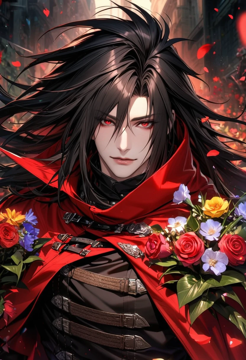 Ultra detailed, Highres, absurdres, HDR, Vincent Valentine, red eyes, black hair, Final Fantasy VII Dirge Of Cerberus, handsome, 1 man only, very detailed face and eyes, flowers and petals