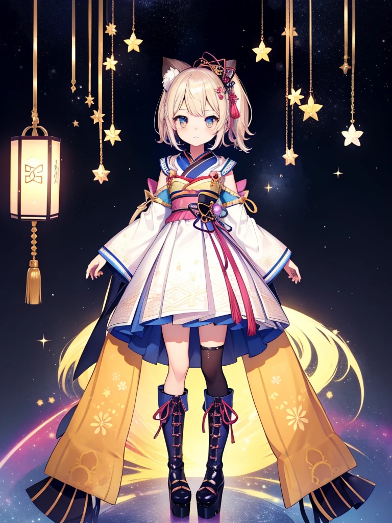 1girl、vtuber-fullbody、8K、Star Fairy、masterpiece、official art、Super detailed、super beautiful、かわいいStar Fairy、white straight short hair、Milky Way、universe、star charm、Star、baby face、Knee-high boots、Japanese pattern dress、浴衣をリメイクした黒と紺色のuniverseを思わせるOiranフリルドレス、universeを思わせるOiranフリルドレス、Oiran