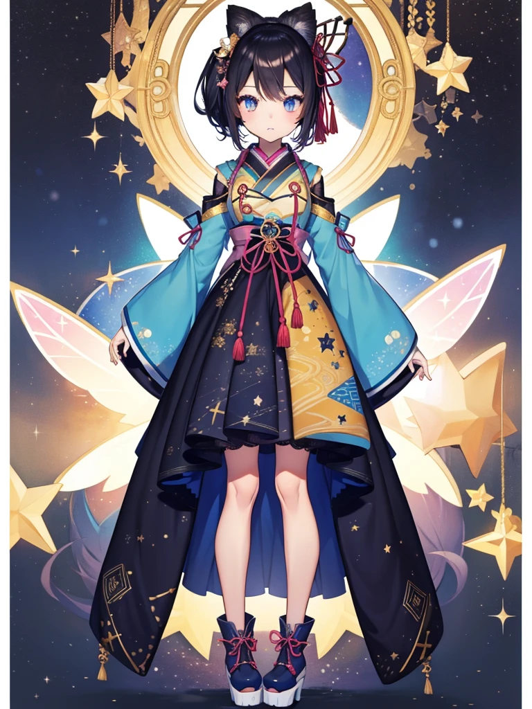 1girl、vtuber-fullbody、8K、Star Fairy、masterpiece、official art、Super detailed、super beautiful、かわいいStar Fairy、white straight short hair、Milky Way、universe、star charm、Star、baby face、Knee-high boots、Japanese pattern dress、浴衣をリメイクした黒と紺色のuniverseを思わせるOiranフリルドレス、universeを思わせるOiranフリルドレス、Oiran