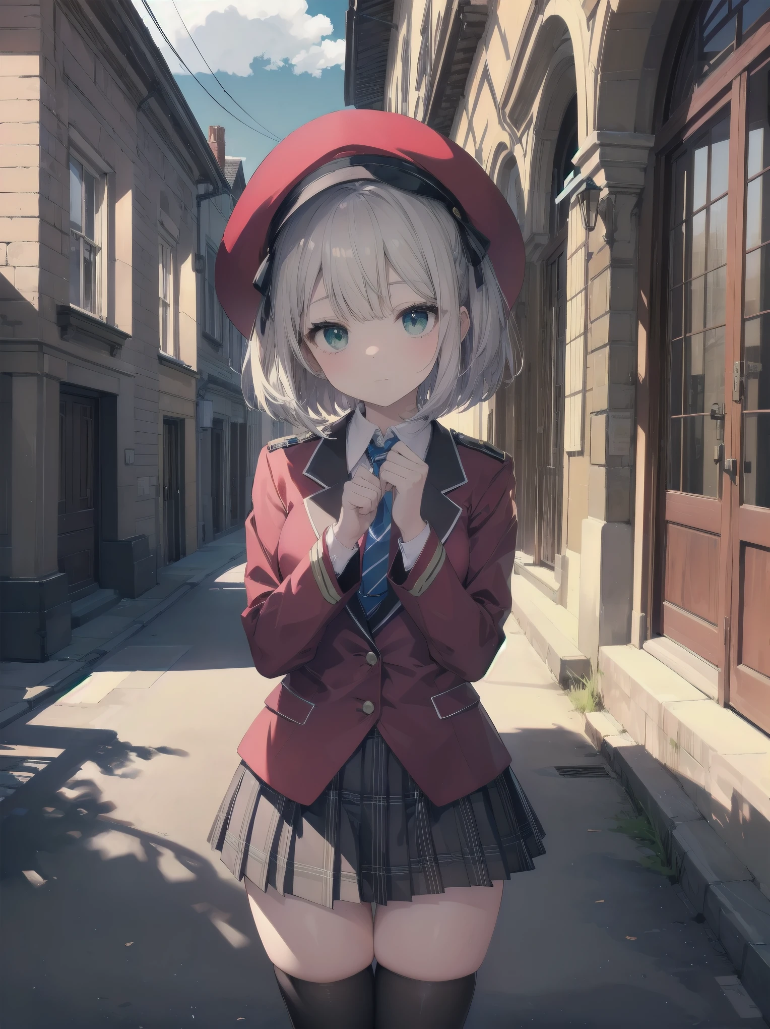 Top-High quality、Highest image quality、masterpiece、high contrast、Colorful、elegance、Sexy expression、high school girl、beautiful woman、Bob cut braids、uniform、(red blazer)、ribbon tie、(Green and gray plaid skirt)、(black tightovie-like shadows、fine shading、cute、Truly unbelievably cute absurd、outside、school trip、national treasures、Traditional buildings、blue sky
