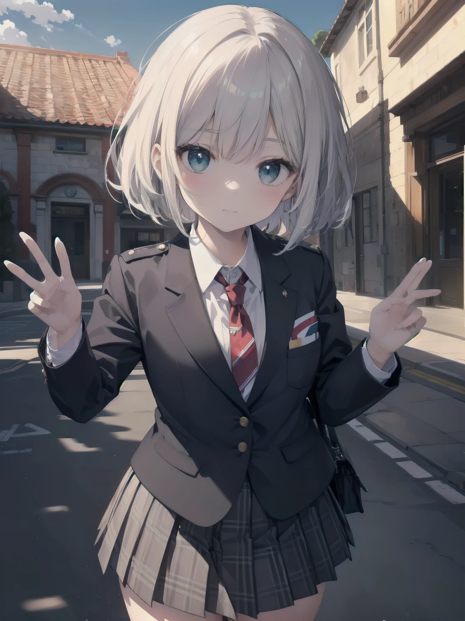 Top-High quality、Highest image quality、masterpiece、high contrast、Colorful、elegance、Sexy expression、high school girl、beautiful woman、Bob cut braids、uniform、(red blazer)、ribbon tie、(Green and gray plaid skirt)、(black tightovie-like shadows、fine shading、cute、Truly unbelievably cute absurd、outside、school trip、national treasures、Traditional buildings、blue sky
