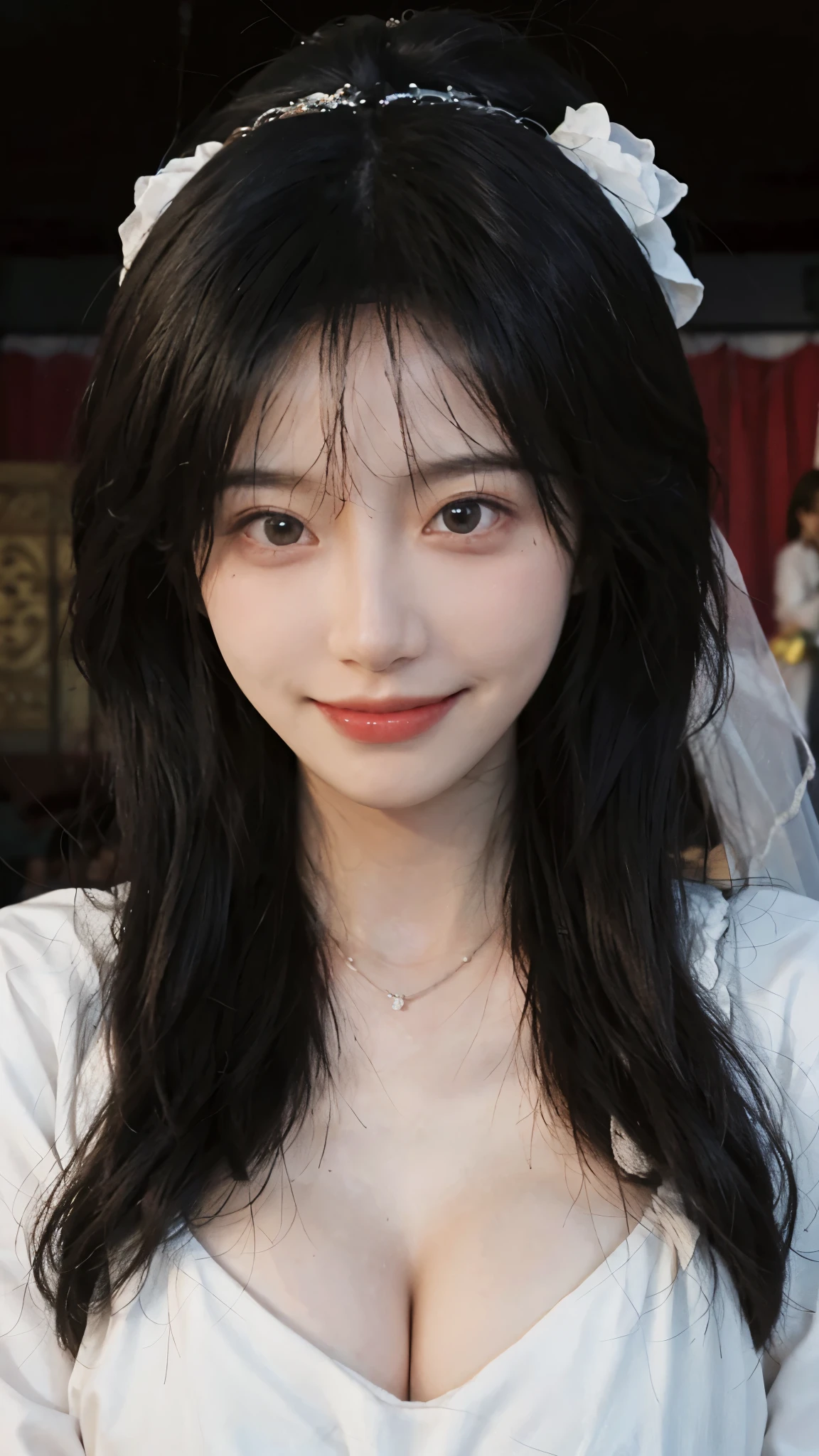 best quality， ultra high resolution， （realistically：1.4），cute hairpin，Baoyu Girl，Standing in the wedding hall，（flat chest：1.2） ，A pair of clear and charming peach blossom eyes,Royal sister，The sun shines on the face，Big wavy hairstyle，（necklace：1.2），（White skin：1.4），a sense of atmosphere，a beautiful girl， Smile，Looking directly at the viewer， Close-up cleavage ，(lifelike:1.4),1 girl,Sexy,(Upper body:1.4),(wet),(:1.2)