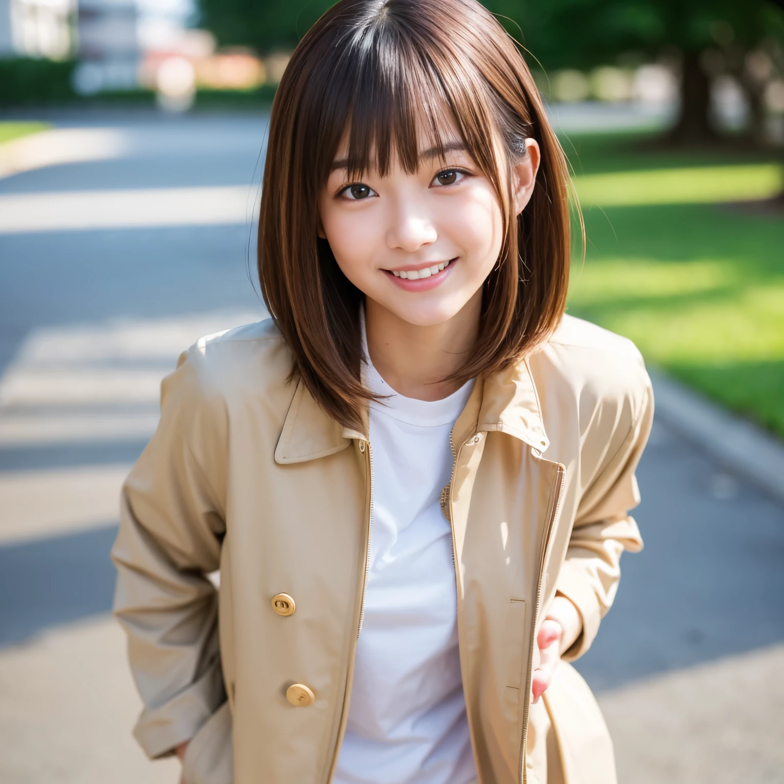 Best-quality, Masterpiece, Ultra-High-Resolution, (Photorealistic:1.4), Raw-Photo, 1girl, the most famous Japanese idol, (wearing beige jacket over white T-shirt with cute-patterned and beige slacks and white sneakers), standing at Japanese college, extremely cute face, extremely cute big-eyes, extremely cute hairstyle, extremely beautiful skins, looking at viewer, innocent-smile