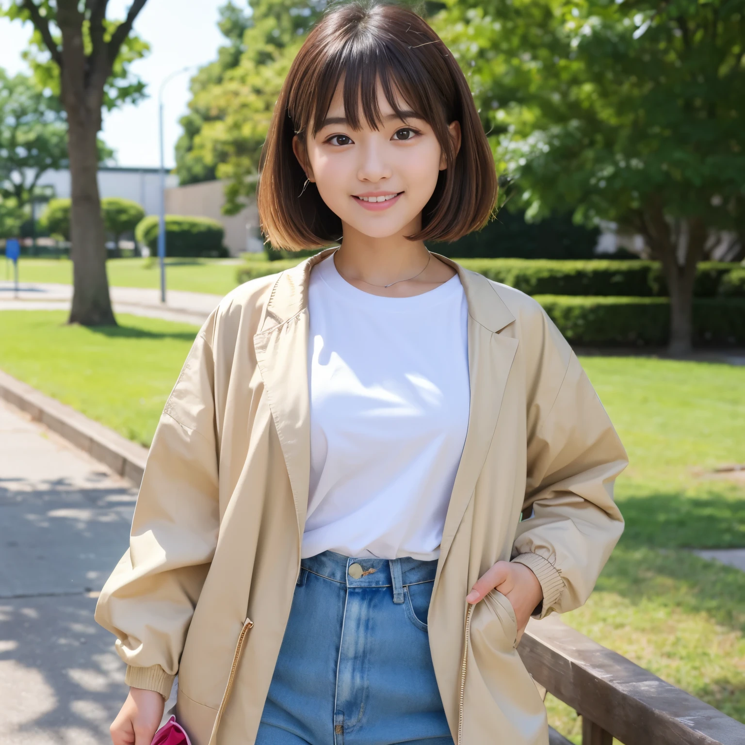 Best-quality, Masterpiece, Ultra-High-Resolution, (Photorealistic:1.4), Raw-Photo, 1girl, the most famous Japanese idol, (wearing beige jacket over white T-shirt with cute-patterned and beige slacks and white sneakers), standing at Japanese college, extremely cute face, extremely cute big-eyes, extremely cute hairstyle, extremely beautiful skins, looking at viewer, innocent-smile