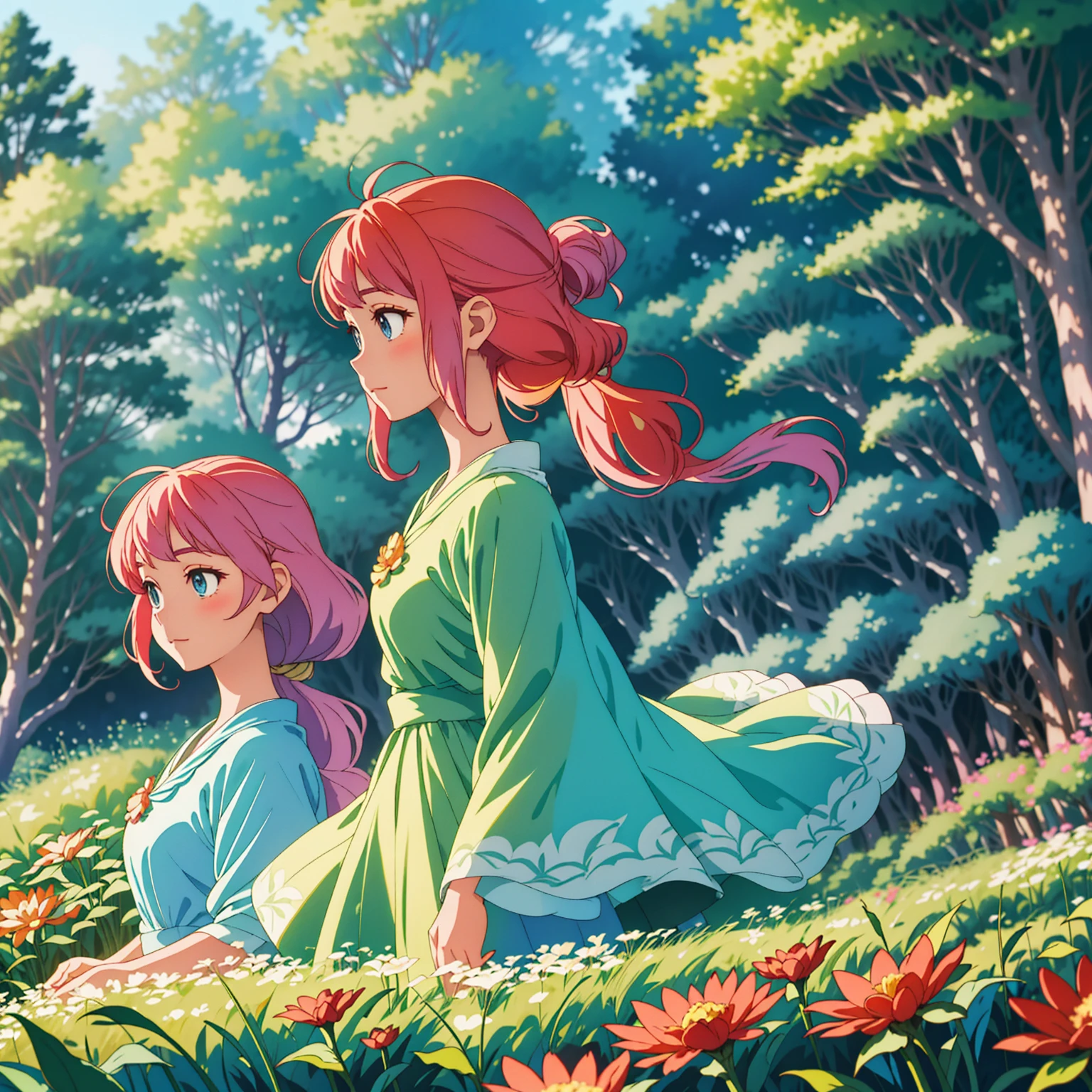 High 8K resolution, capturing details clearly.  Studio Ghibli style scene, with a fusion of anime artistic style, whimsy and impressionism.  |  A dazzlingly beautiful princess walking in a lush forest, her flowing hair has pastel tones.  Her face shows a mixture of curiosity and admiration.  She wears an elegant, flowing dress, adorned with intricate floral patterns.  |  The setting is a lush and vibrant fantasy world forest, in the foreground there are colorful flowers, in the midground there are fruits on tall trees, leaves illuminated by the sun creating a soft and ethereal glow.  |  The scene is composed in a medium shot, highlighting the beauty of the princess, her dress and the magical environment of the forest.  The angle is subtly angled to add a touch of charm.  |  The soft natural light filtered through the trees adds an ethereal quality to the scene, enhancing the beauty of the princess and creating a magical atmosphere.  |  A princess walking in a fantastic forest.
