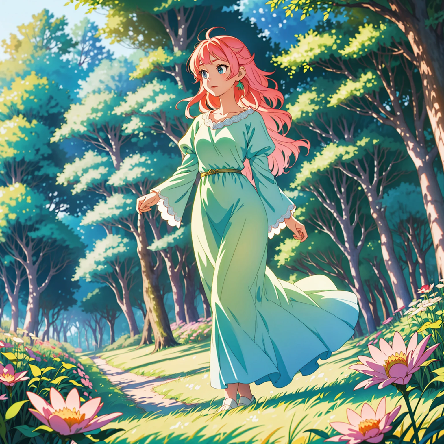 High 8K resolution, capturing details clearly. Studio Ghibli style scene, with a fusion of anime artistic style, whimsy and impressionism. | A dazzlingly beautiful princess walking in a lush forest, her flowing hair has pastel tones. Her face shows a mixture of curiosity and admiration. She wears an elegant, flowing dress, adorned with intricate floral patterns. | The setting is a lush and vibrant fantasy world forest, in the foreground there are colorful flowers, in the midground there are fruits on tall trees, leaves illuminated by the sun creating a soft and ethereal glow. | The scene is composed in a medium shot, highlighting the beauty of the princess, her dress and the magical environment of the forest. The angle is subtly angled to add a touch of charm. | The soft natural light filtered through the trees adds an ethereal quality to the scene, enhancing the beauty of the princess and creating a magical atmosphere. | A princess walking in a fantastic forest.