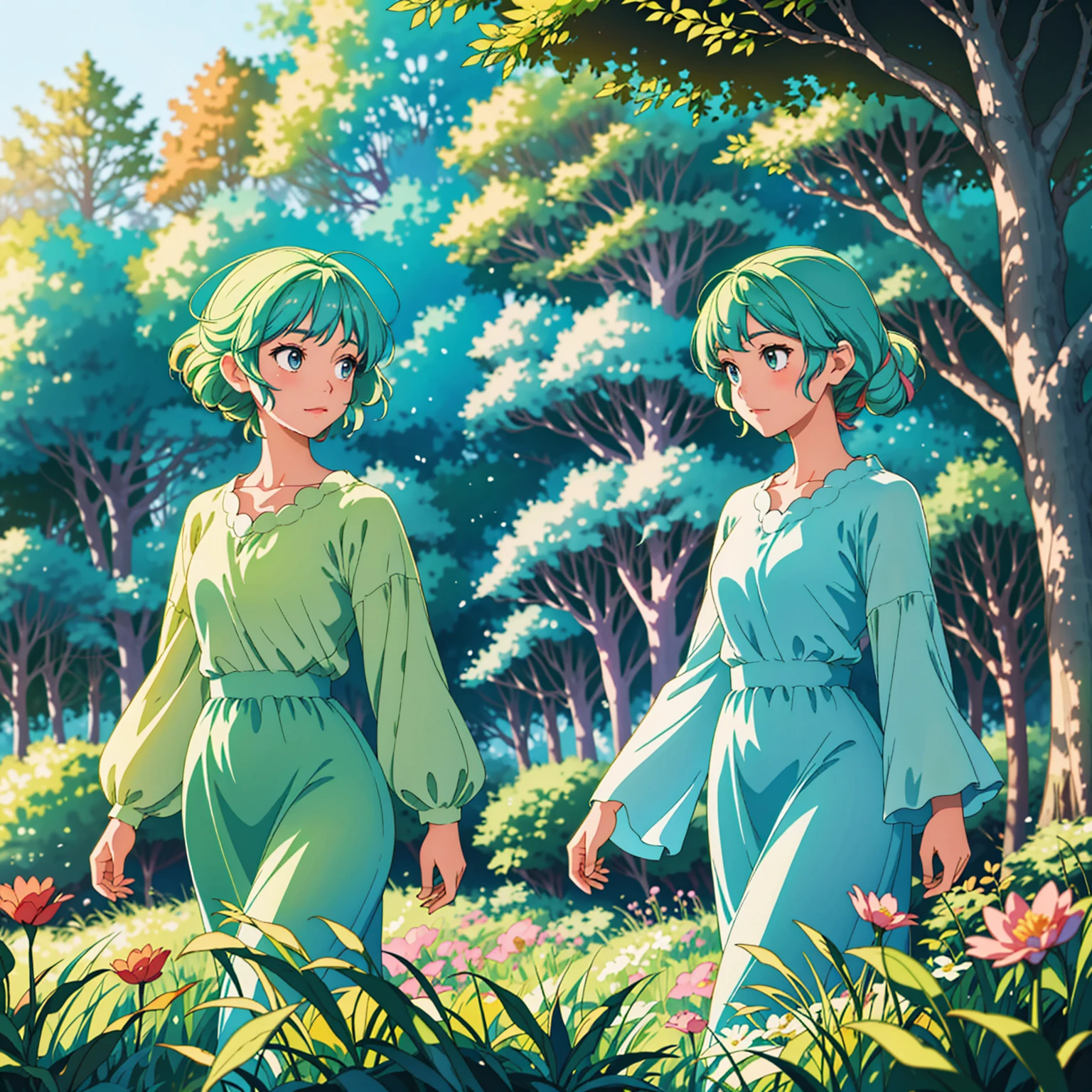 High 8K resolution, capturing details clearly. Studio Ghibli style scene, with a fusion of anime artistic style, whimsy and impressionism. | A dazzlingly beautiful princess walking in a lush forest, her flowing hair has pastel tones. Her face shows a mixture of curiosity and admiration. She wears an elegant, flowing dress, adorned with intricate floral patterns. | The setting is a lush and vibrant fantasy world forest, in the foreground there are colorful flowers, in the midground there are fruits on tall trees, leaves illuminated by the sun creating a soft and ethereal glow. | The scene is composed in a medium shot, highlighting the beauty of the princess, her dress and the magical environment of the forest. The angle is subtly angled to add a touch of charm. | The soft natural light filtered through the trees adds an ethereal quality to the scene, enhancing the beauty of the princess and creating a magical atmosphere. | A princess walking in a fantastic forest.