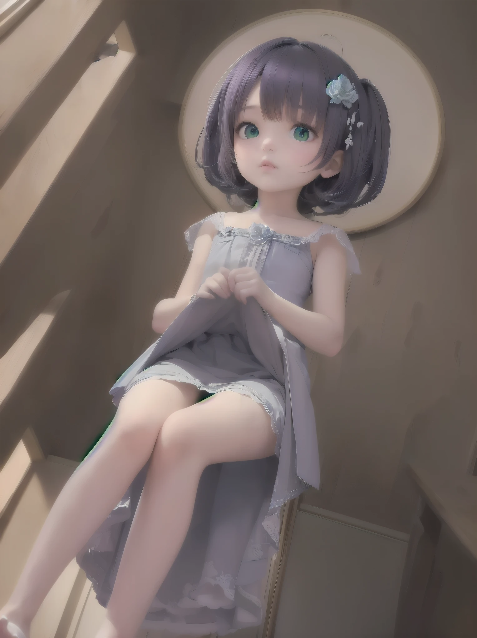 best quality, ultra-detailed, masterpiece,finely detail, high res, 8k wallpaper, best quality, highres, looking up from below, ((a girl, 8years old, )), bottomless, lift up skirt, casual dress, blush, crowded room,, BREAK (masterpiece:1.2), (illustration:0.8), extremely detailed face, perfect lighting, extremely detailed CG, (perfect hands, perfect anatomy), (masterpiece, best_quality, ultra-detailed, immaculate:1.3), epic, illustration, render,
.,Blue-purple hair, green eyes,