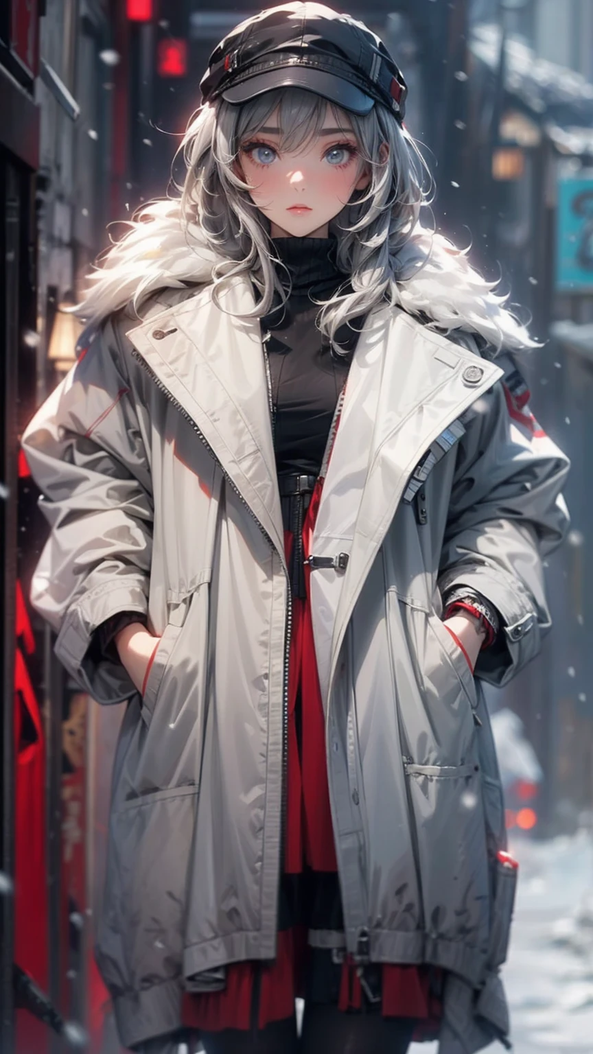(masterpiece, High resolution, highest quality), ((20 year old woman, Composition from head to thighs)), fashion pose, detailed eyes, Avant-garde makeup, Asymmetrical short hair:1.2, Ash grey hair, Nostalgic and inorganic fashion, A black hooded mod coat and a red long-sleeve knit dress:1.2, blurred background, An empty alley:1.3, snow scene, It&#39;s snowing, cinematic lighting, anime style, simple lines, digital painting,
