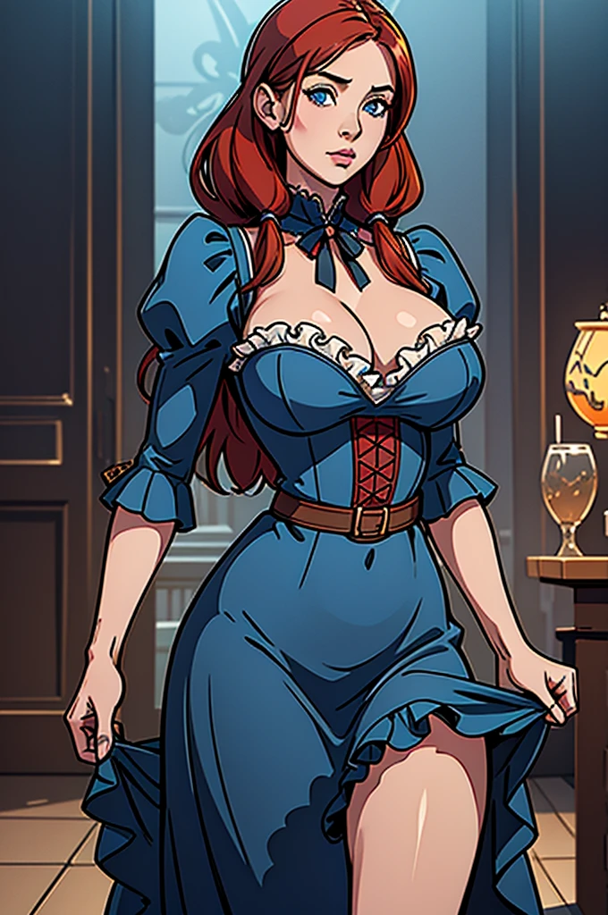 Cute Farmgirl With Pigtails. ((Red Haired Woman, Hairlong)), Perfectly Round Face. Beautiful Cute Face, Big Beautiful Voluptuous Lips, Charming Beauty, ((Kind Expression On His Face)), ((Big Beautiful Detailed Blue Eyes)), Thin Waist, Wide Hips ((Frilly Dark Blue Dress that demure with a very high neckline.,)) (Higly Detailed)),Official Art, Award Winning Digital Painting, Digital Illustration, Extreme Detail, 4k, Ultra Hd, Rococo, Polished, Intricate, Realistic Fantasy Art, Sharp Focus, Concept Art, Art By Wlop, Artgerm, (2d Vector Illustration) Light, Airy, HourGlass Figure. Ellie Bamber
