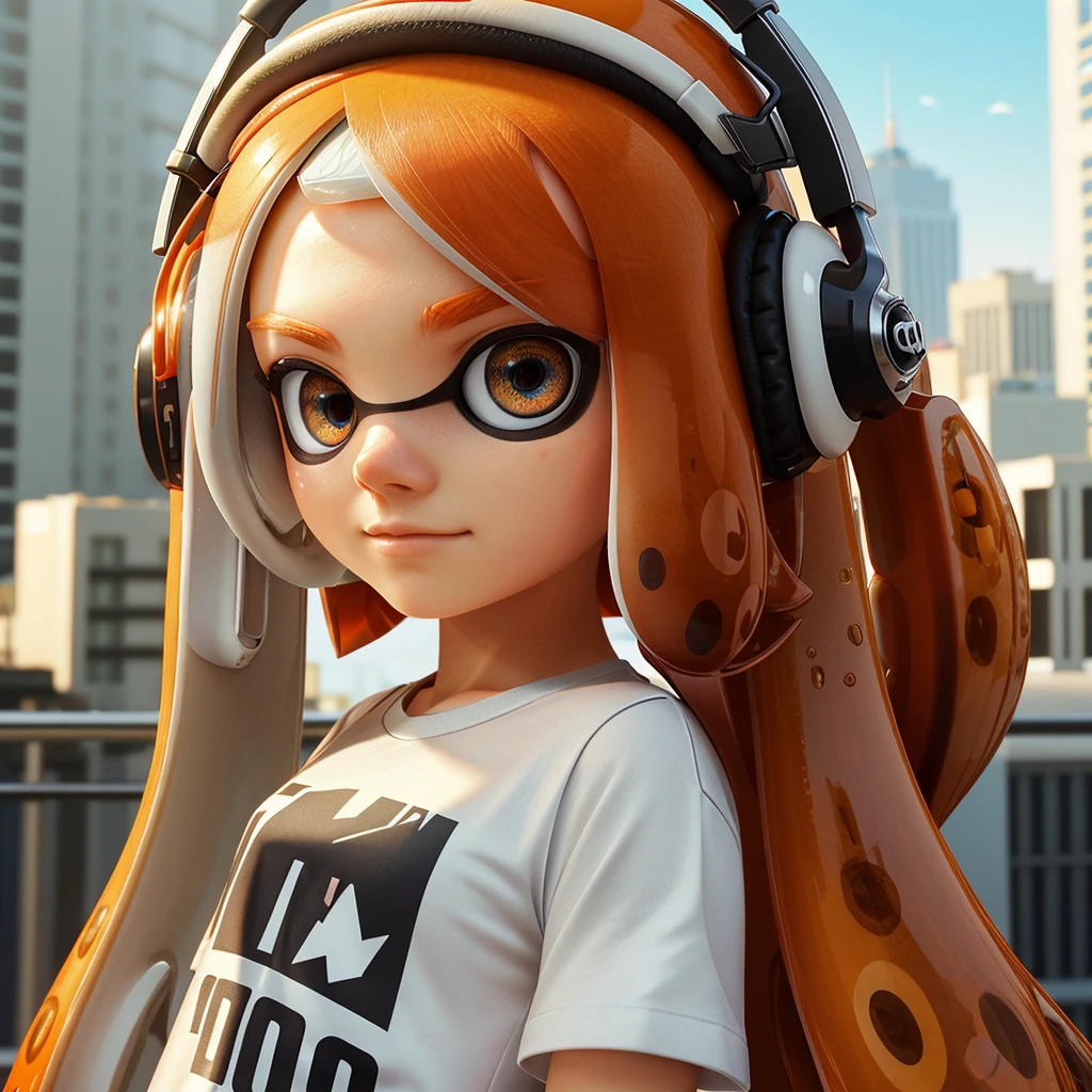 best quality, high quality, very high resolution, ultra detailed, 8k, hyper realistic, beautiful, splatoon inkring, Almond-shaped eyes, headphone, orange color hair, very long hair, white T-shirt, black spats, city, Daylight