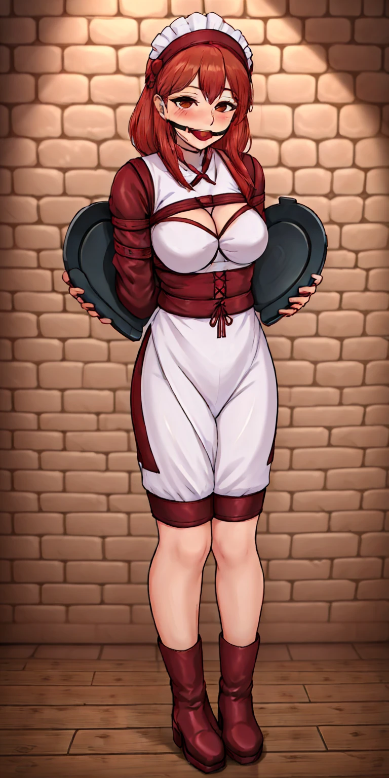 masterpice full body standing straight symmetrical, lustful smirking smile face red blush red cheeks, looking at viewer, holding a tray, braid, maid headdress, maid, dress, apron, long sleeves, brown pantyhose, long leather militar boots, thighs, long white hair